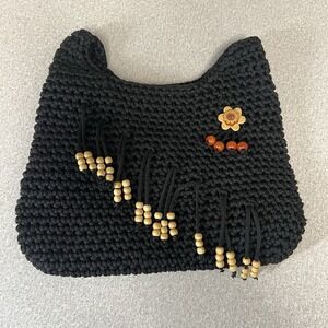 Black Crochet Knit‎ Hobo Sack Beaded Handbag Flower Purse Zip And Inside Pocket